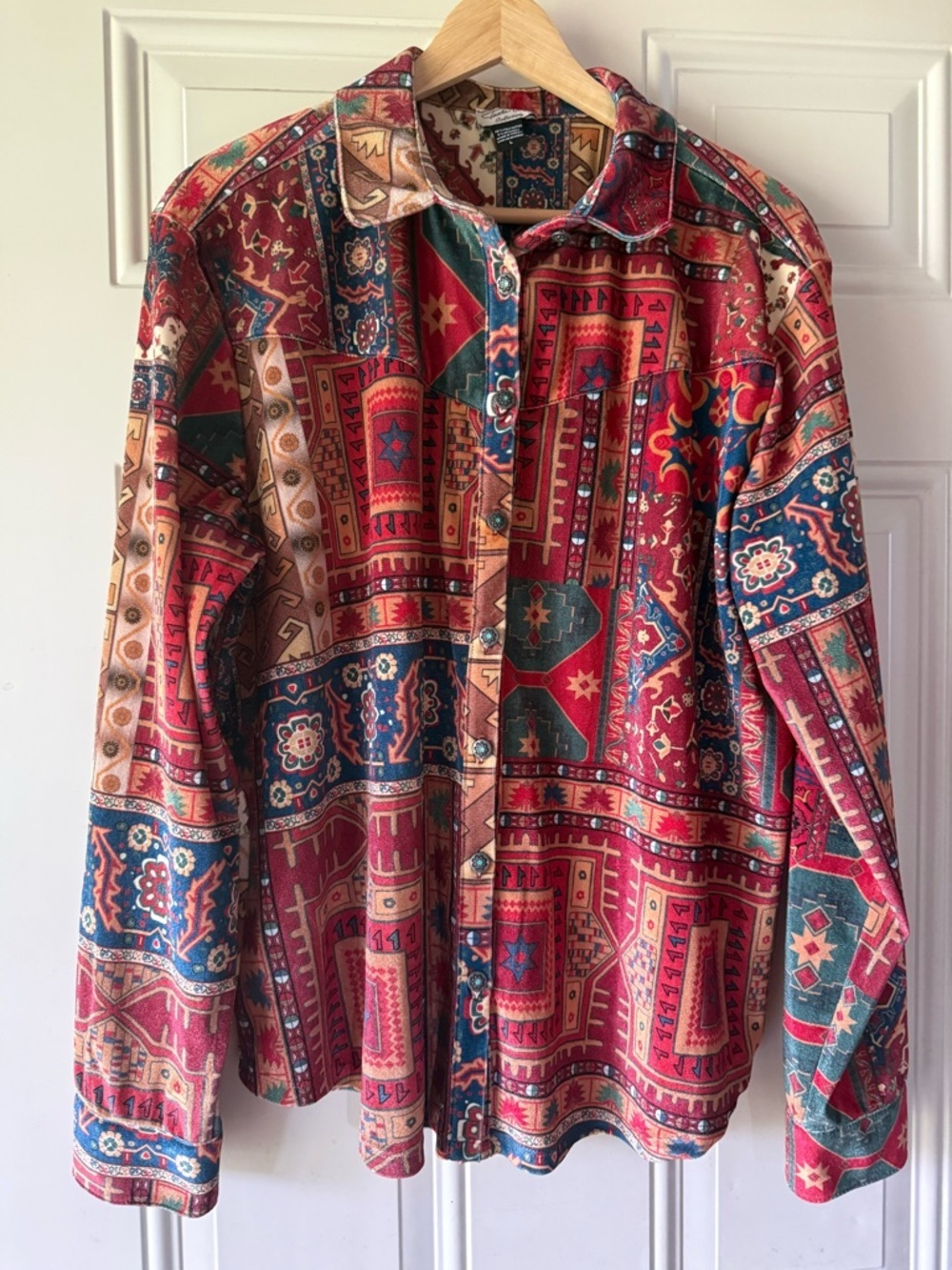 Tasha Polizzi Woman’s Velour Western Aztec Pattern Button Up Shirt Blouse